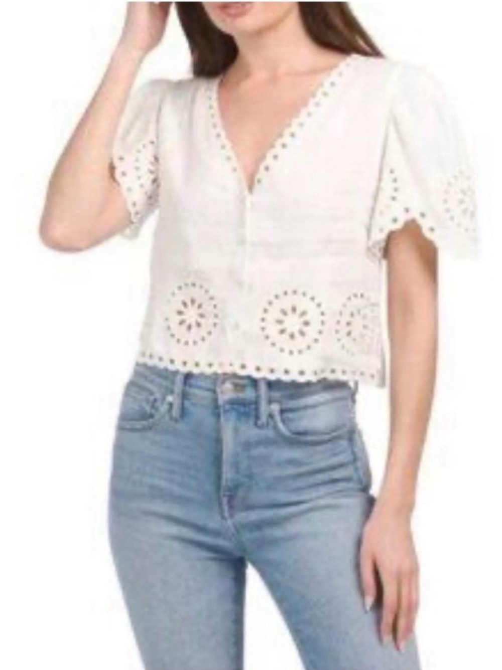 Eyelet V-Neck Cotton Blend Blouse in White